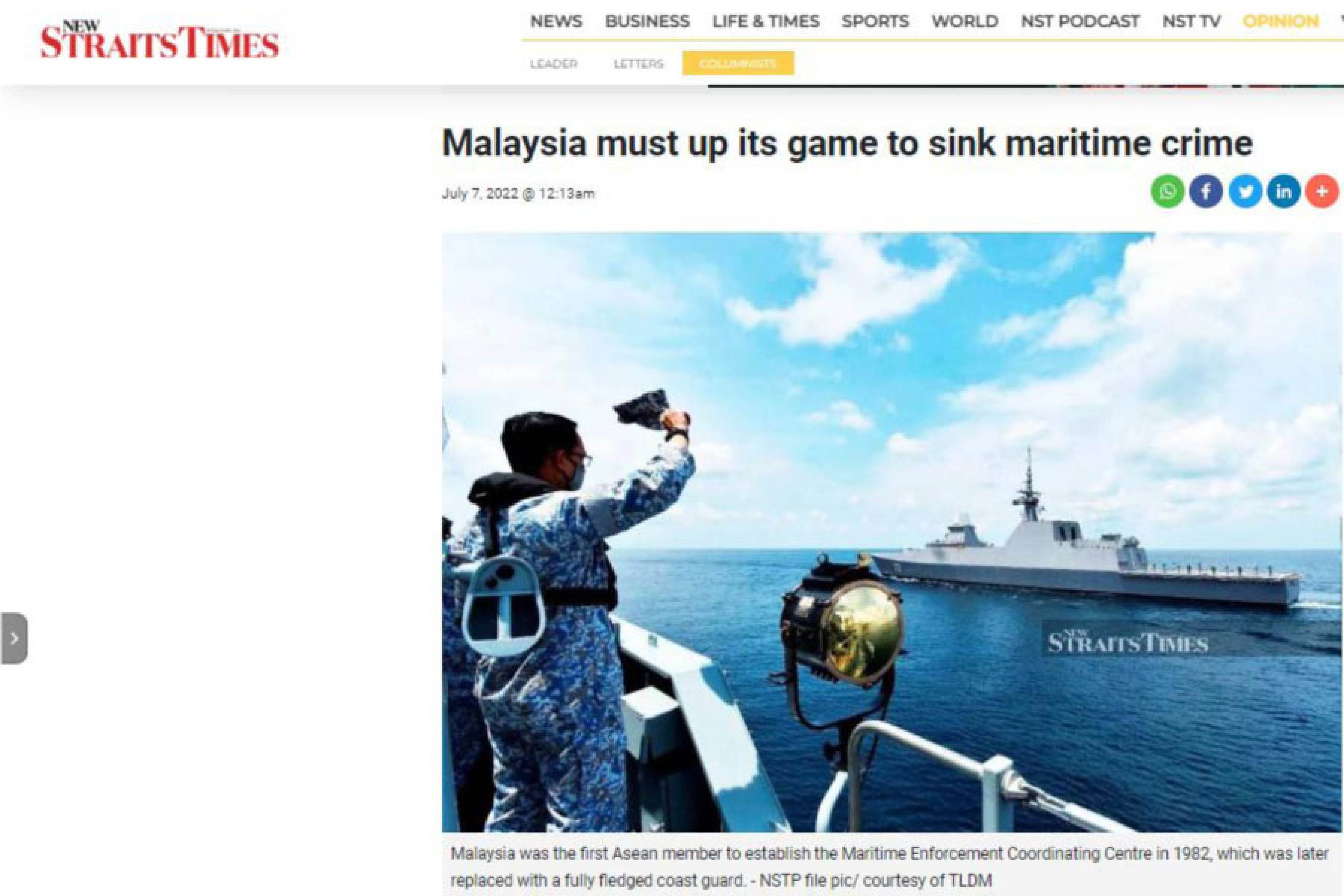 Keratan Akhbar: Malaysia Must Up Its Game To Sink Maritime Crime